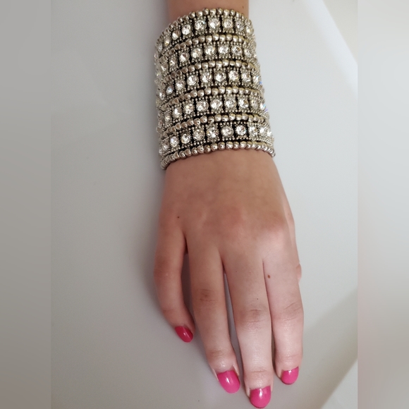 RHINESTONES cuff Bracelet stretch HUGE 5 rows silver beads heavy statement - Picture 3 of 10